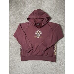 Womens Hoodie Harley-Davidson Maroon Flame Logo Pullover Y2K Streetwear, Size L